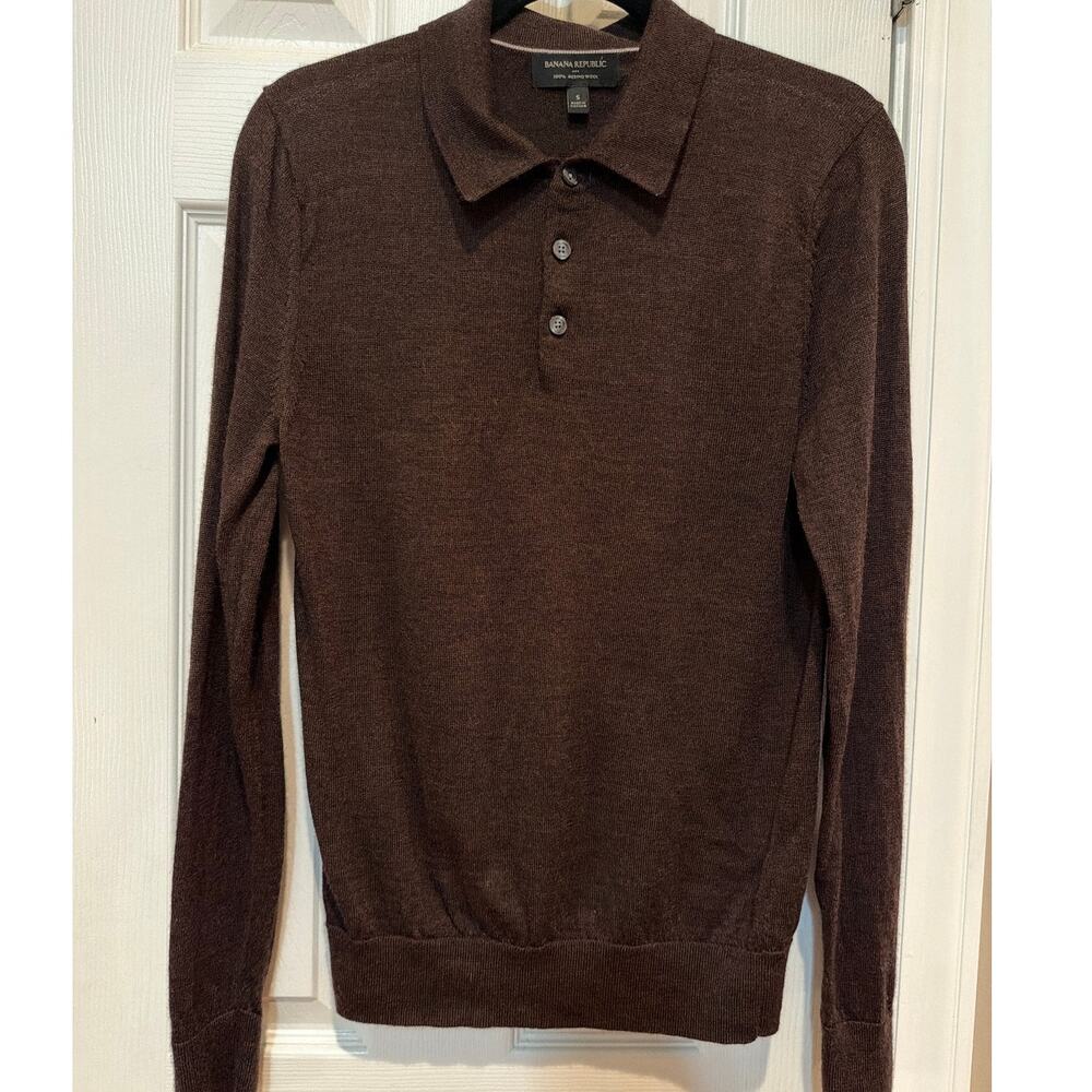 Banana Republic 100% Merino Wool Polo Sweater Brown, Size S Long Sleeves